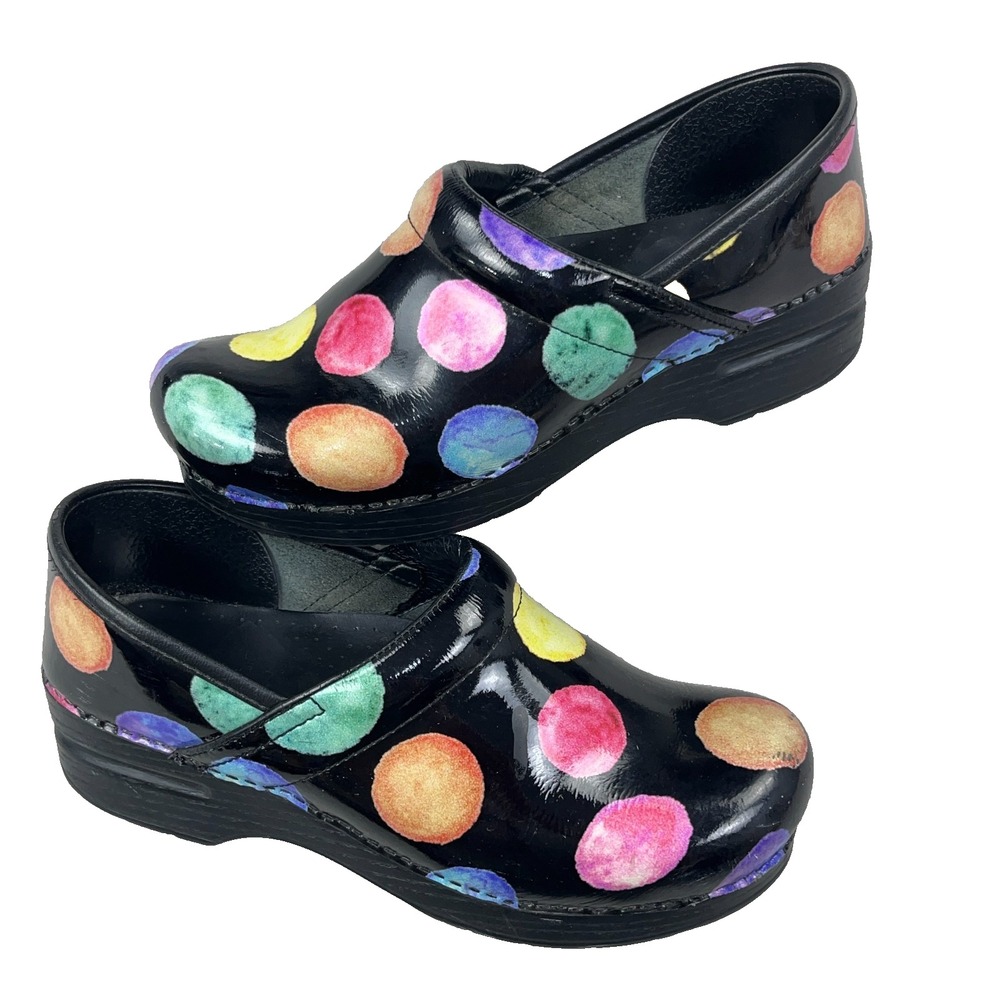 Dansko Leather Clogs Black Polka Dot Multicolor Circles Womens US 8-8.5 EU 49
